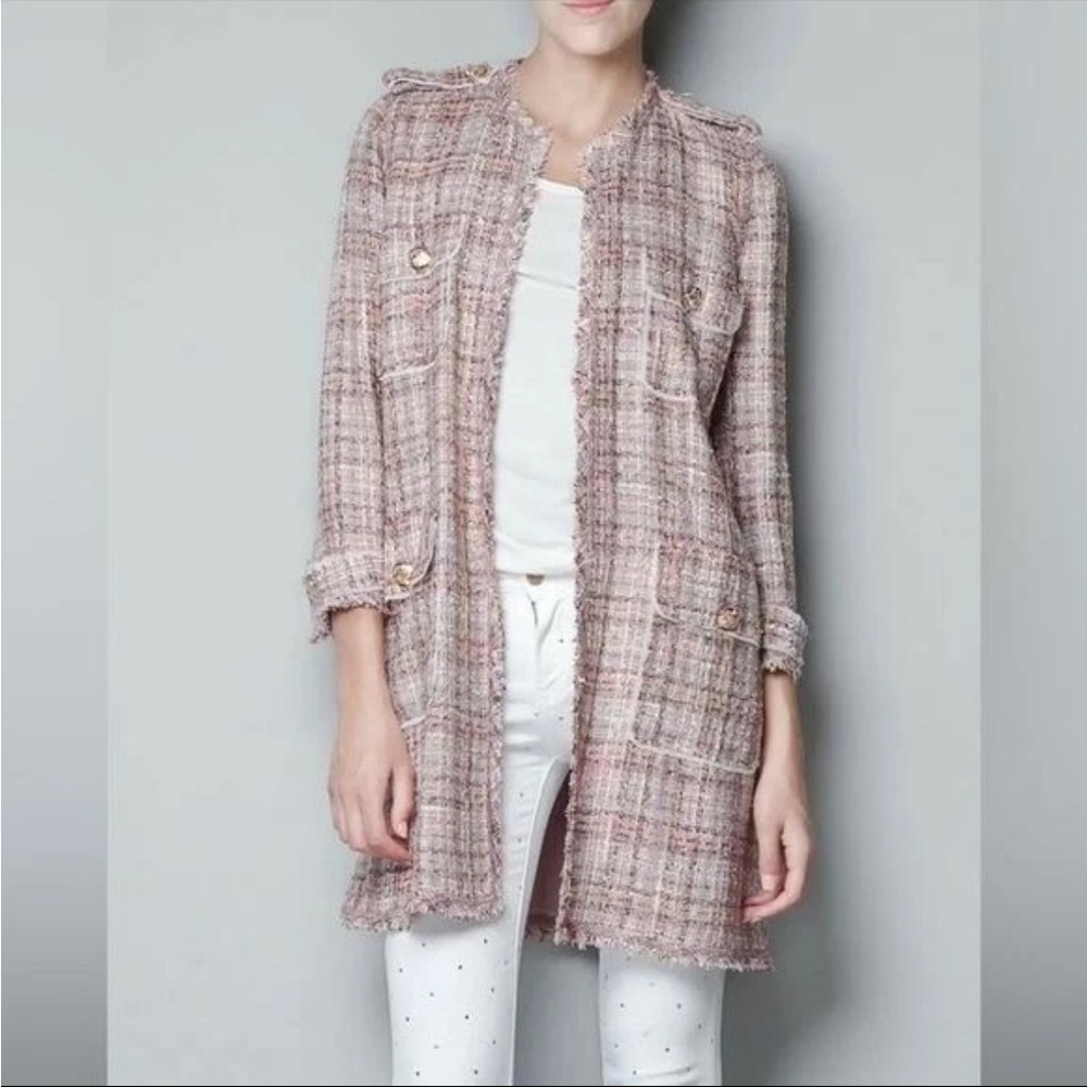 Zara Fantasy Pink Wool Blend Metallic Tweed Long Coat Jacket